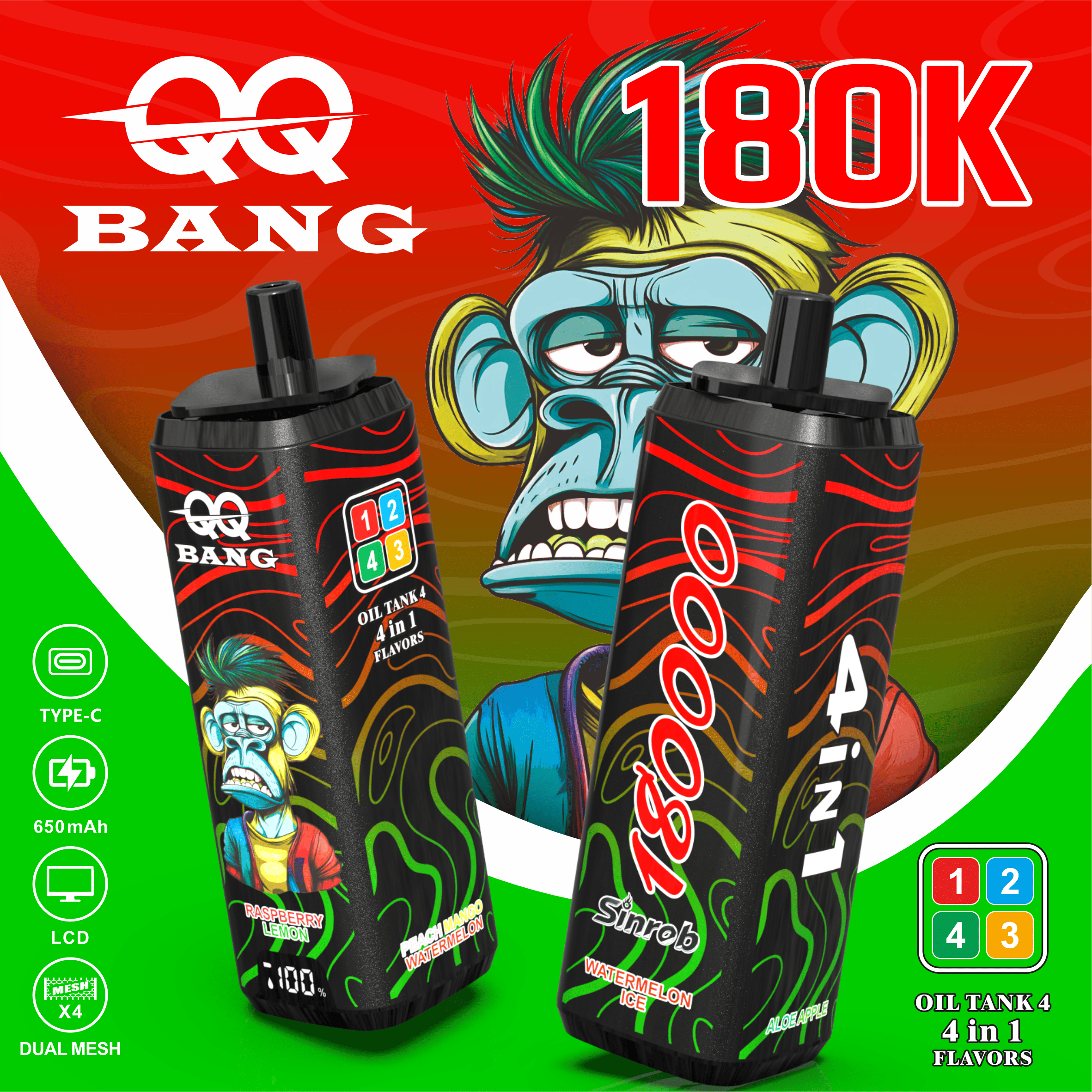 QQ Bang 180K Watermelon Ice/Aloe Apple/Raspberry Lemon/Peach Mango Watermelon